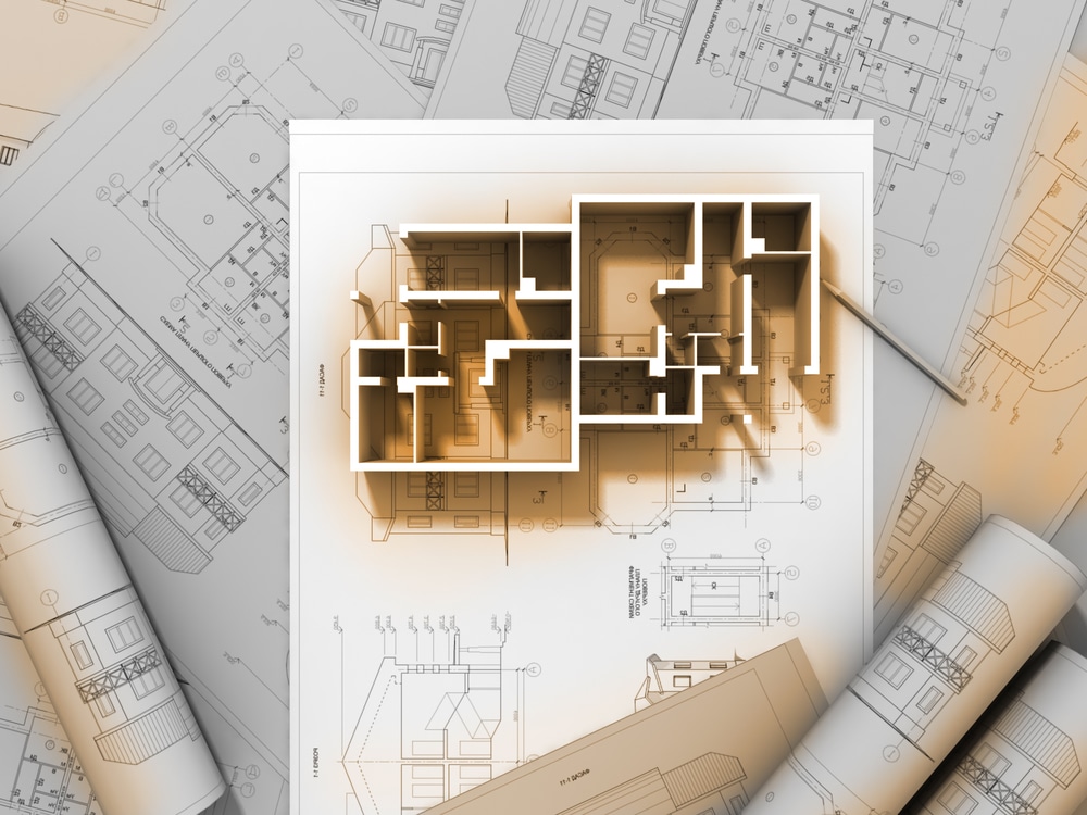 3D architectural floor plan model rising from construction blueprints, illustrating AI-powered construction drawing review