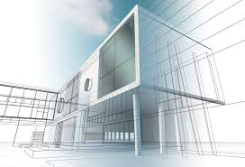 Architectural sketch of a modern sustainable building design with glass facades