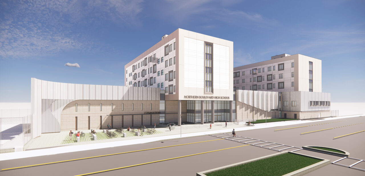 Architectural rendering of Northern Boulevard High School, a large NYC School Construction Authority project