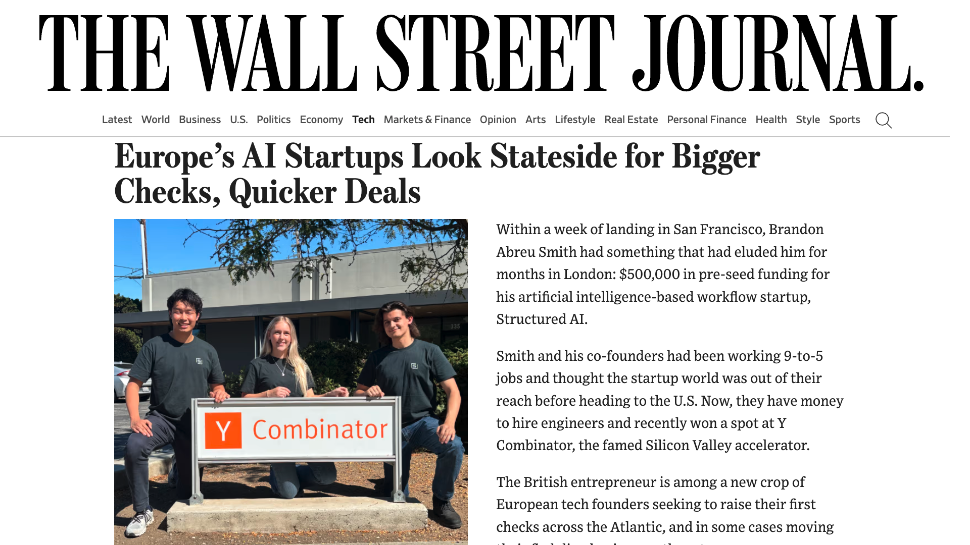 Wall Street Journal article: Europe's AI Startups Look Stateside for Bigger Checks, Quicker Deals, featuring Structured AI founders