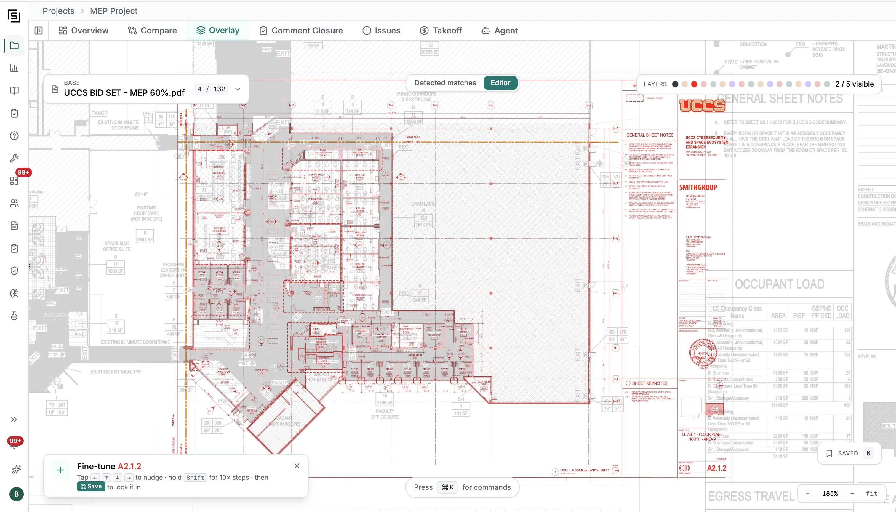 Automatically aligned overlay of two drawings covering the same area of the building, revealing cross-discipline clashes