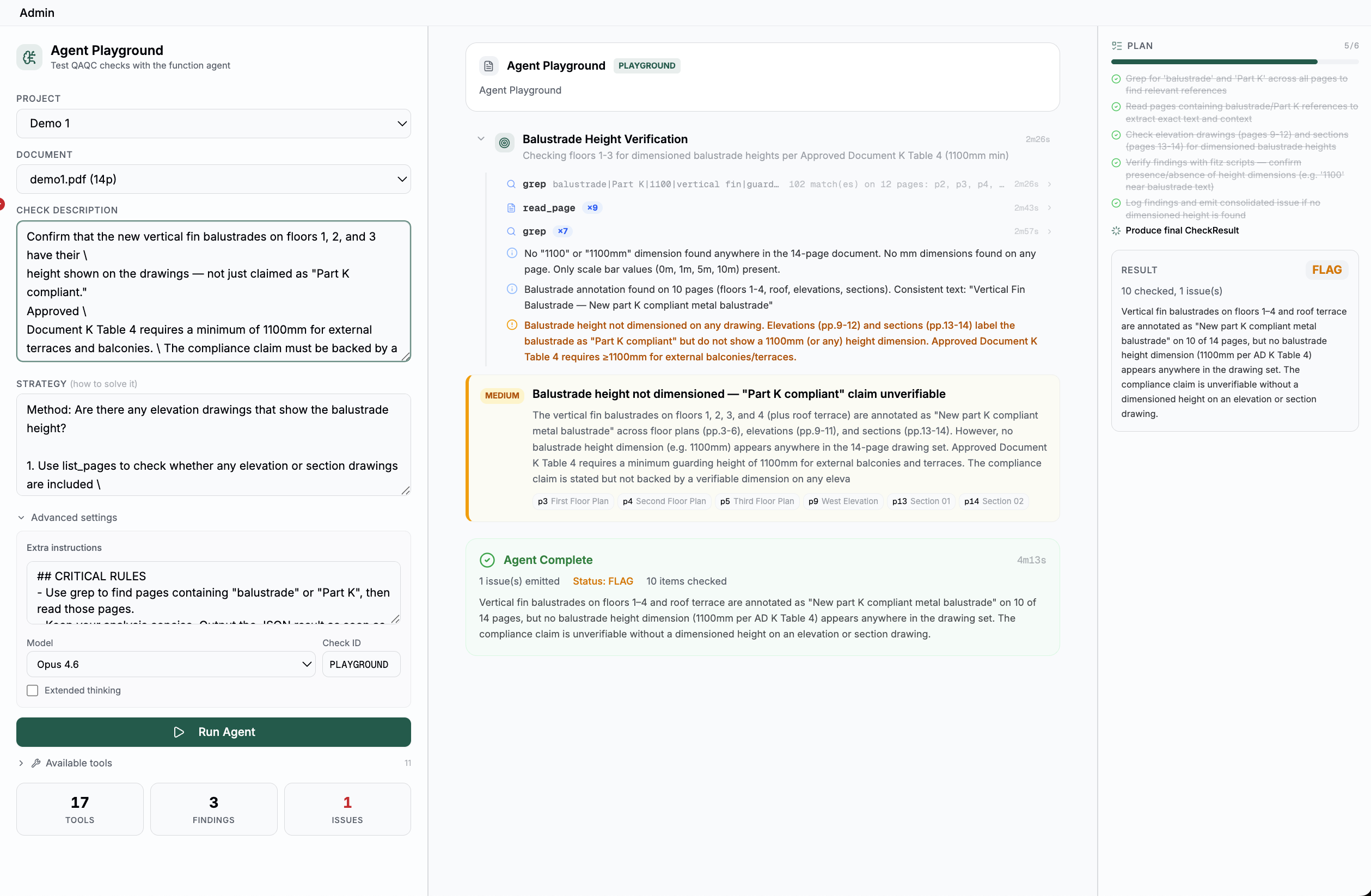 Custom check builder showing a plain-English prompt being tested on a drawing