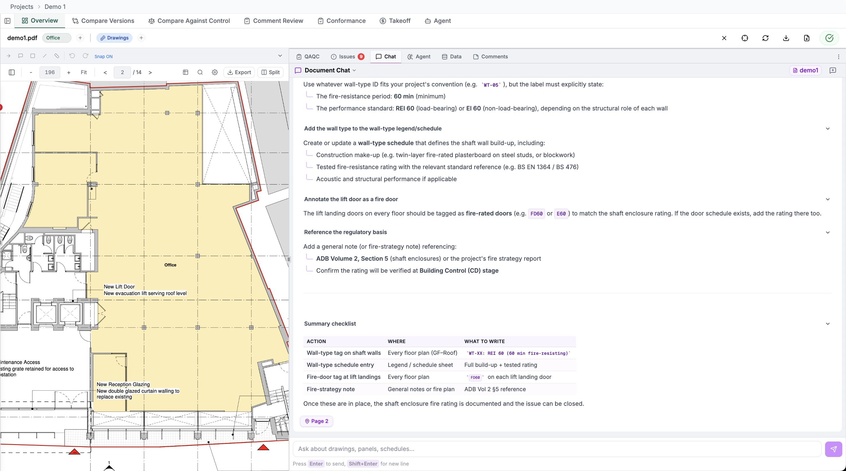 Document chat interface with a question and sourced answer linked to a drawing sheet