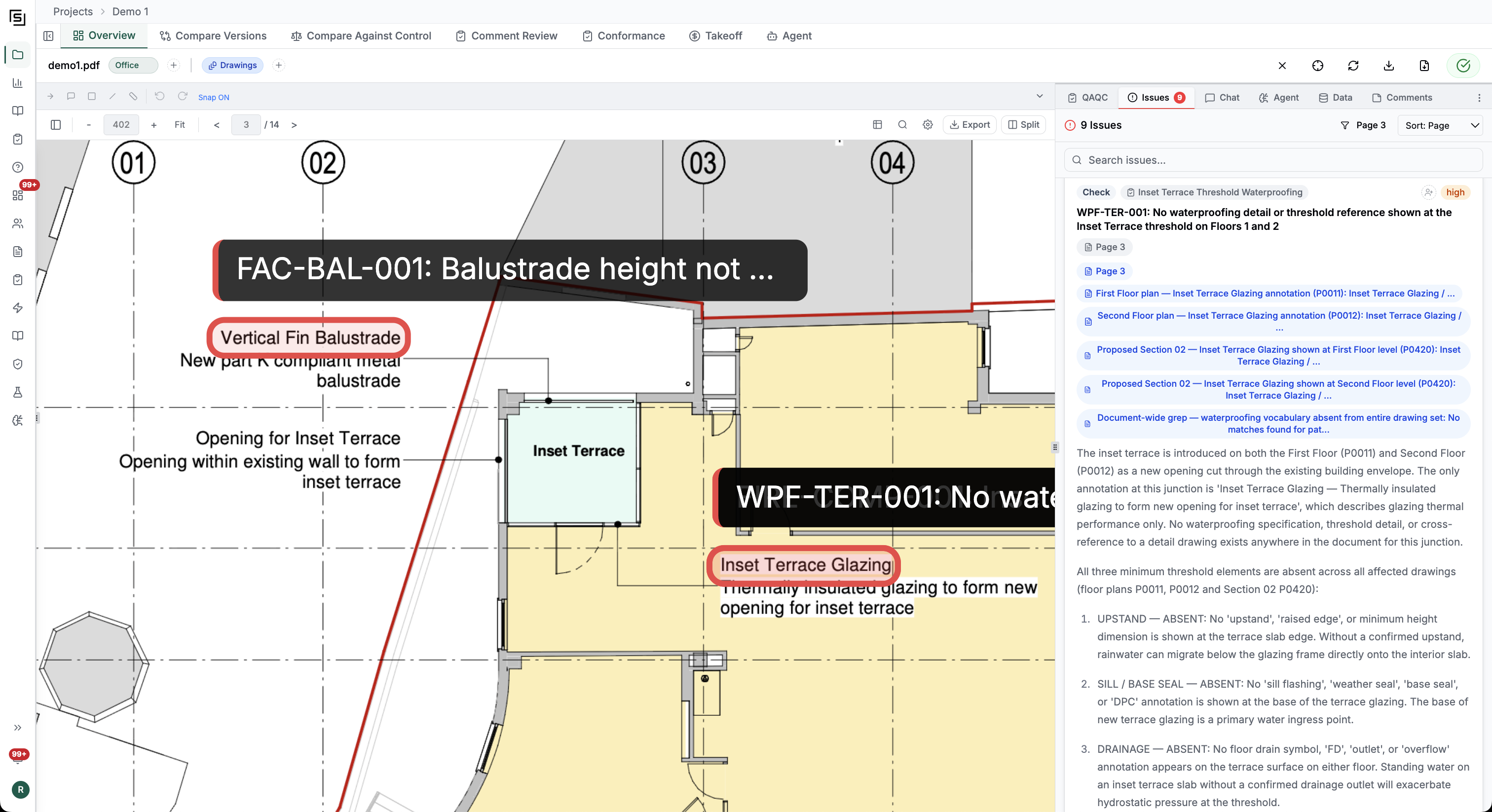 QA/QC compliance checks interface showing flagged items on a drawing