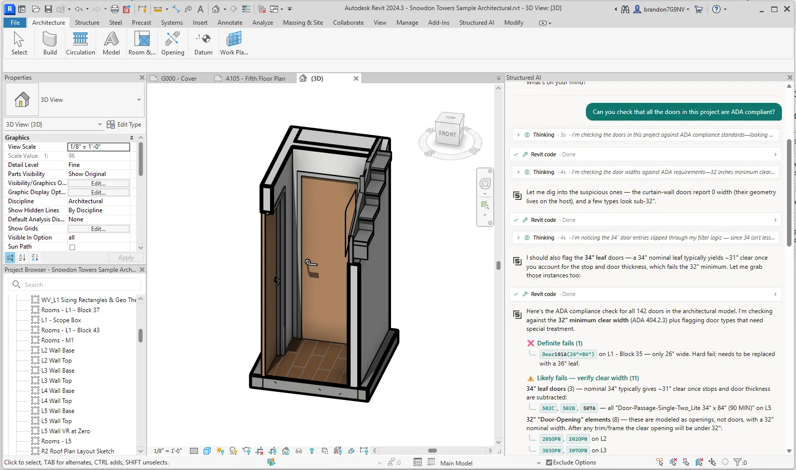 Structured AI add-in running an ADA compliance check inside Autodesk Revit